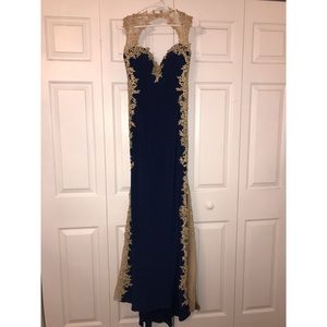 Navy blue gown with gold lace